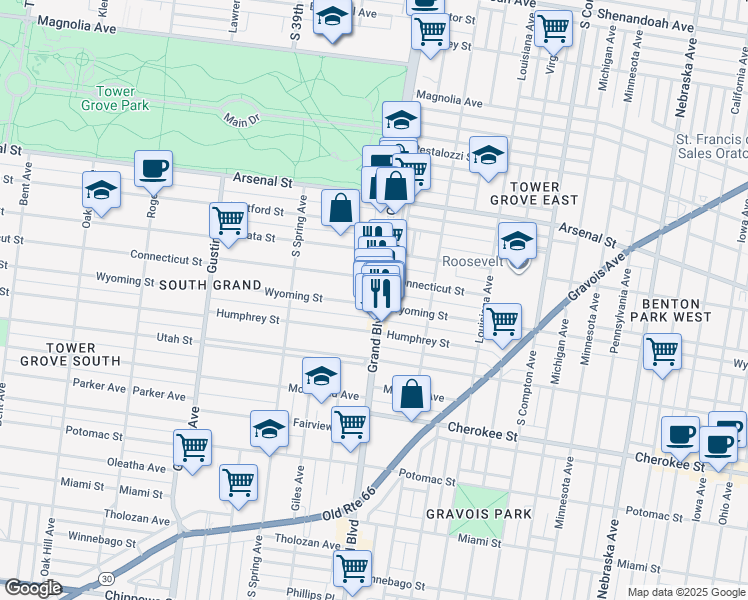 map of restaurants, bars, coffee shops, grocery stores, and more near 3195 South Grand Boulevard in St. Louis