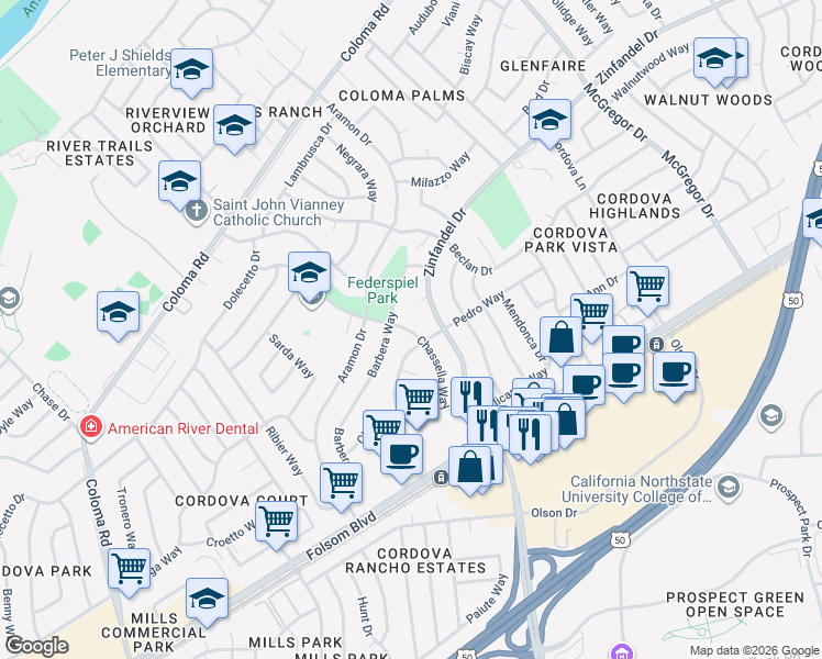map of restaurants, bars, coffee shops, grocery stores, and more near 2552 Zinfandel Drive in Rancho Cordova