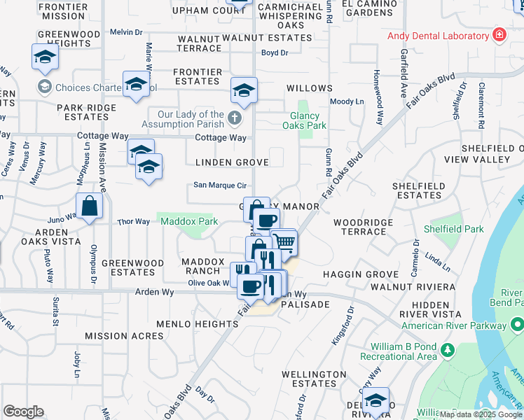 map of restaurants, bars, coffee shops, grocery stores, and more near 5110 Glancy Drive in Carmichael