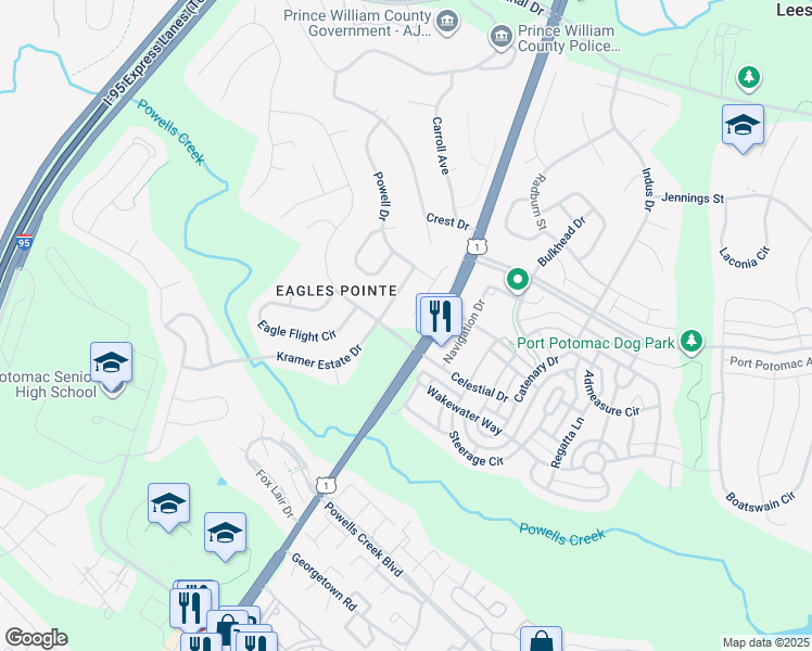 map of restaurants, bars, coffee shops, grocery stores, and more near 16249 Chase Eagle Lane in Woodbridge