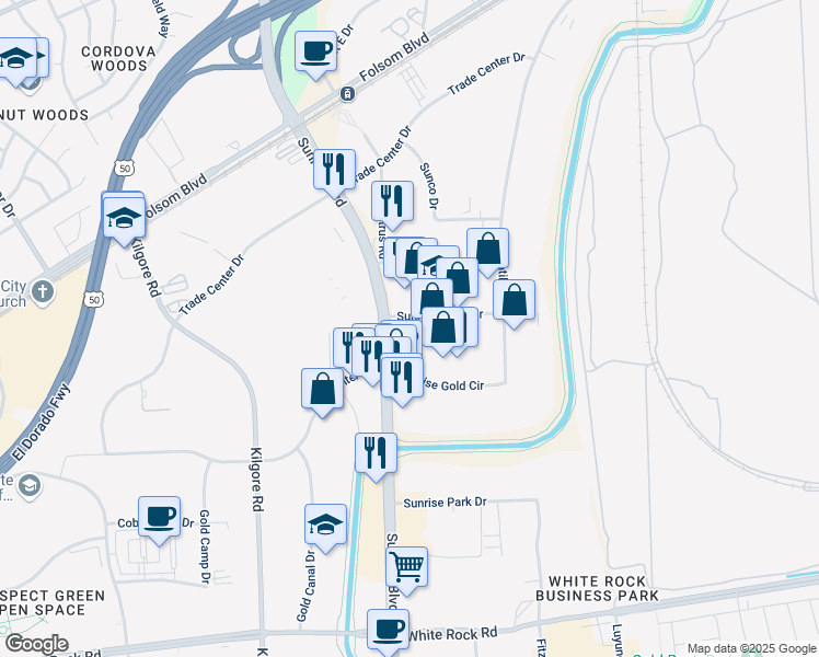 map of restaurants, bars, coffee shops, grocery stores, and more near 2865 Sunrise Boulevard in Rancho Cordova