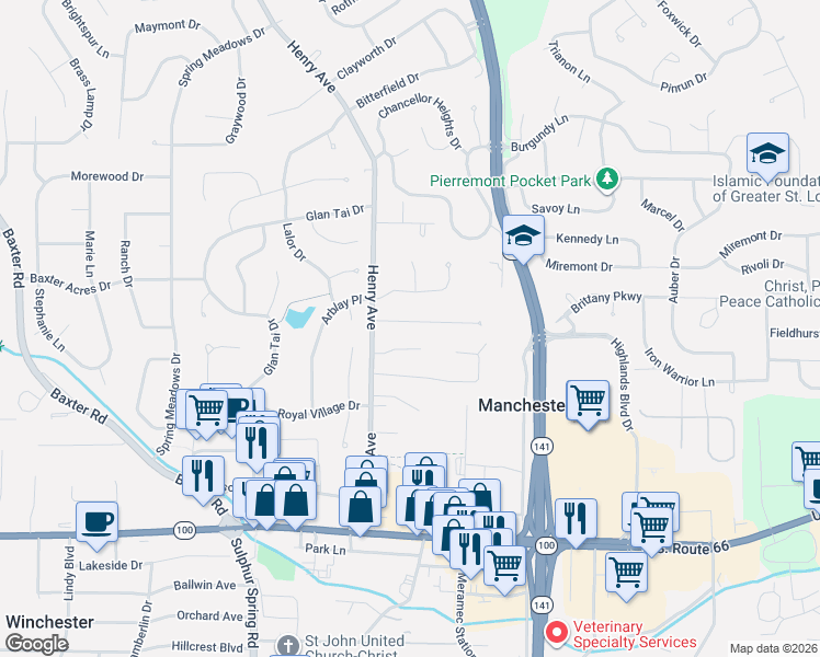 map of restaurants, bars, coffee shops, grocery stores, and more near 16 Hedgewood Lane in Ballwin