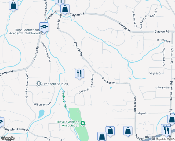 map of restaurants, bars, coffee shops, grocery stores, and more near 235 Timber Meadows Drive in Ballwin