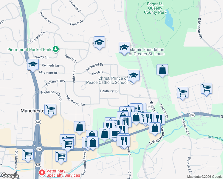 map of restaurants, bars, coffee shops, grocery stores, and more near 1209 Fieldhurst Drive in Ballwin