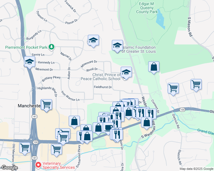 map of restaurants, bars, coffee shops, grocery stores, and more near 1209 Fieldhurst Drive in Ballwin