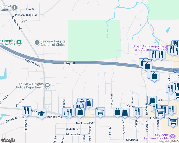 map of restaurants, bars, coffee shops, grocery stores, and more near 7 Sherry Drive in Fairview Heights