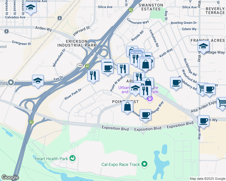 map of restaurants, bars, coffee shops, grocery stores, and more near 1901 Response Road in Sacramento