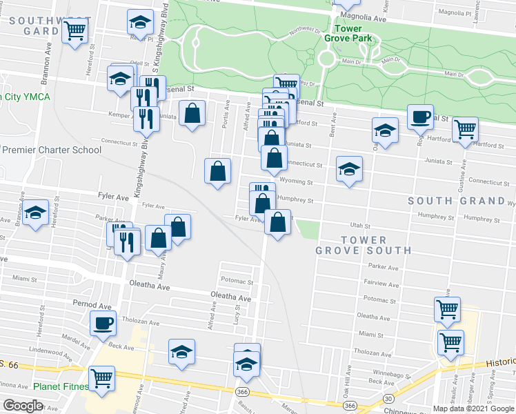 map of restaurants, bars, coffee shops, grocery stores, and more near 4318 Humphrey St in St Louis