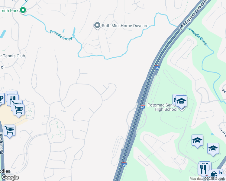 map of restaurants, bars, coffee shops, grocery stores, and more near 3626 Secret Grove Court in Dumfries