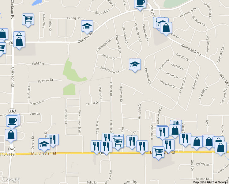 map of restaurants, bars, coffee shops, grocery stores, and more near 217 Flesher Drive in Ellisville
