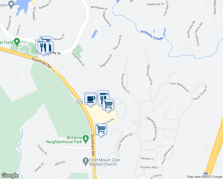 map of restaurants, bars, coffee shops, grocery stores, and more near 4198 Ashmere Circle in Dumfries