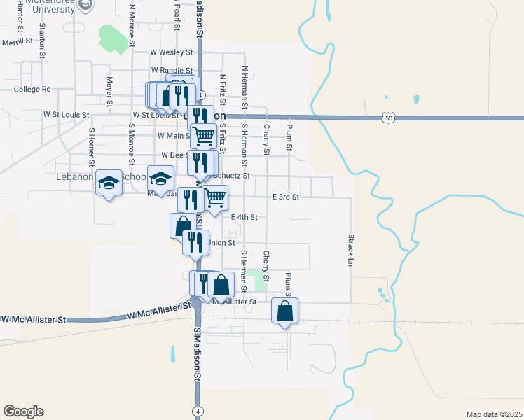 map of restaurants, bars, coffee shops, grocery stores, and more near 517 Cherry Street in Lebanon