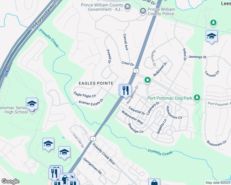 map of restaurants, bars, coffee shops, grocery stores, and more near 16249 Chase Eagle Lane in Woodbridge