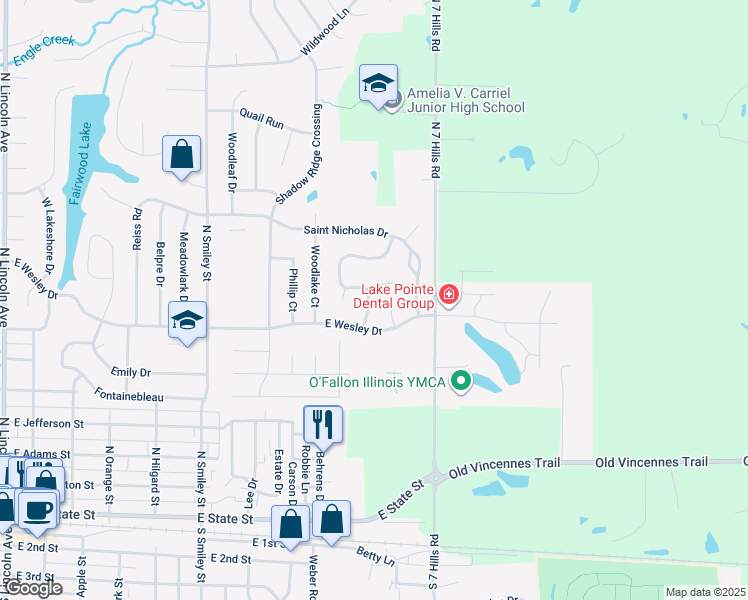 map of restaurants, bars, coffee shops, grocery stores, and more near 912 Prairie Crossing in O'Fallon