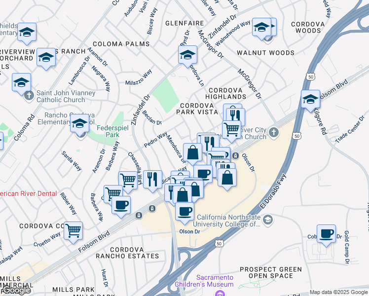 map of restaurants, bars, coffee shops, grocery stores, and more near 2730 Don Juan Drive in Rancho Cordova