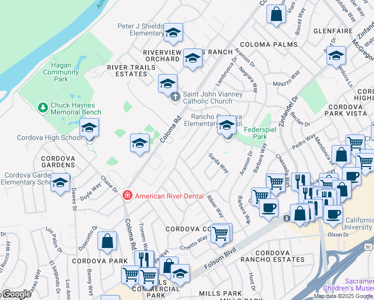 map of restaurants, bars, coffee shops, grocery stores, and more near 10517 Catawba Way in Rancho Cordova