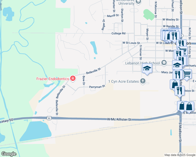 map of restaurants, bars, coffee shops, grocery stores, and more near 1 Perryman Street in Lebanon