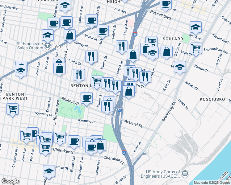 map of restaurants, bars, coffee shops, grocery stores, and more near 2849 South 18th Street in St. Louis