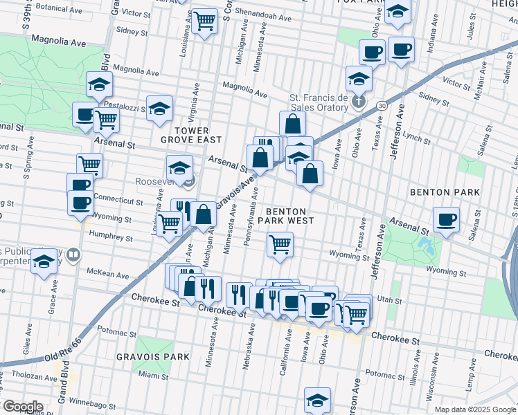 map of restaurants, bars, coffee shops, grocery stores, and more near 3149 Pennsylvania Avenue in St. Louis