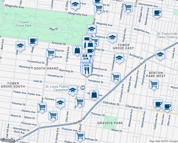 map of restaurants, bars, coffee shops, grocery stores, and more near 3195 South Grand Boulevard in St. Louis