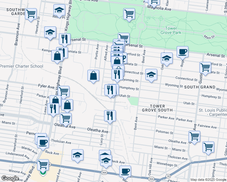 map of restaurants, bars, coffee shops, grocery stores, and more near 4318 Humphrey Street in St. Louis