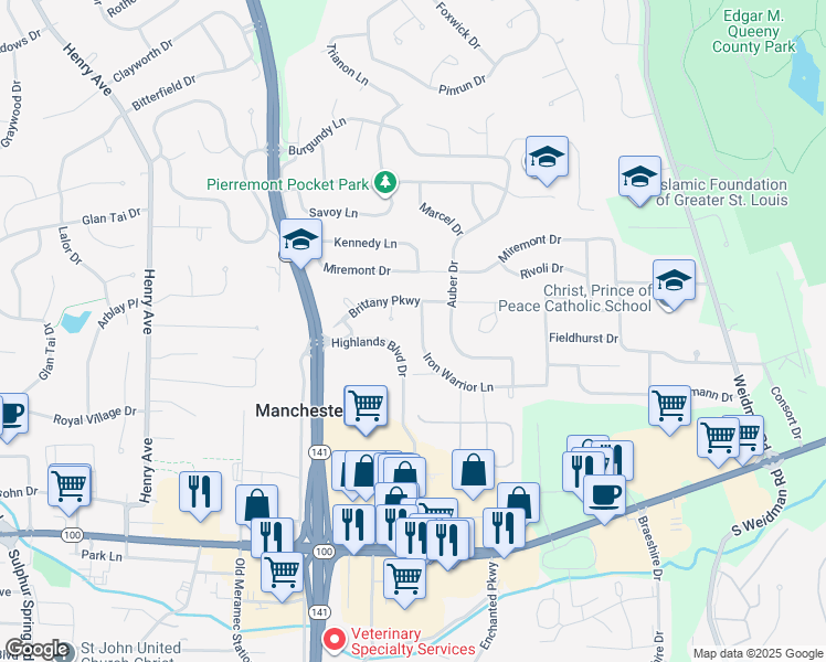 map of restaurants, bars, coffee shops, grocery stores, and more near 5 Great Knight Court in Ballwin