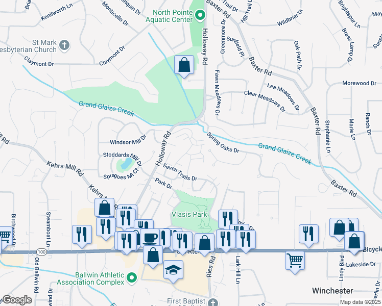 map of restaurants, bars, coffee shops, grocery stores, and more near 375 Greenyard Drive in Ballwin