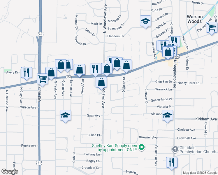 map of restaurants, bars, coffee shops, grocery stores, and more near 1021 Meadowridge Drive in Kirkwood
