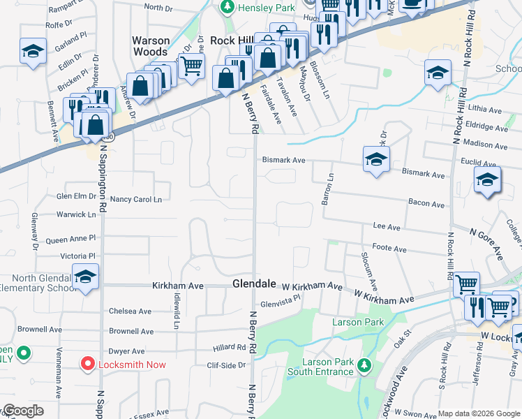 map of restaurants, bars, coffee shops, grocery stores, and more near 1130 North Berry Road in Saint Louis
