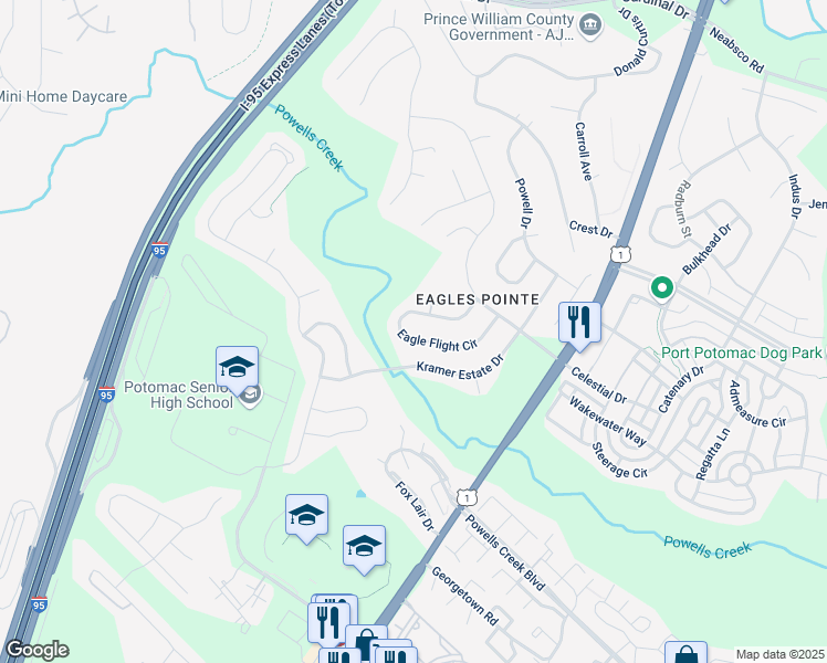 map of restaurants, bars, coffee shops, grocery stores, and more near 16293 Eagle Flight Circle in Woodbridge