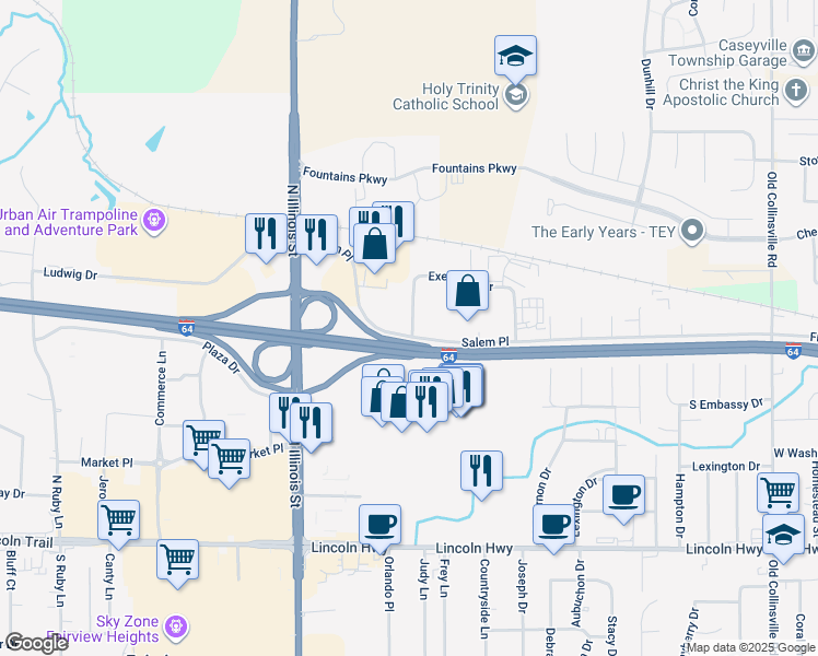 map of restaurants, bars, coffee shops, grocery stores, and more near 5 Executive Drive in Fairview Heights