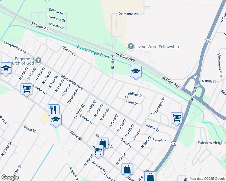 map of restaurants, bars, coffee shops, grocery stores, and more near 840 North 80th Street in East St. Louis