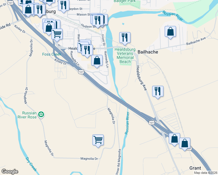 map of restaurants, bars, coffee shops, grocery stores, and more near 173 Presidential Circle in Healdsburg