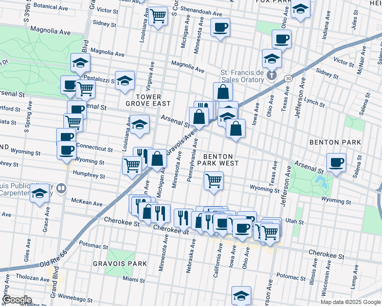 map of restaurants, bars, coffee shops, grocery stores, and more near 3149 Pennsylvania Avenue in St. Louis