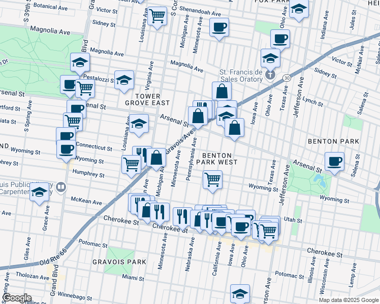 map of restaurants, bars, coffee shops, grocery stores, and more near 3149 Pennsylvania Avenue in Saint Louis