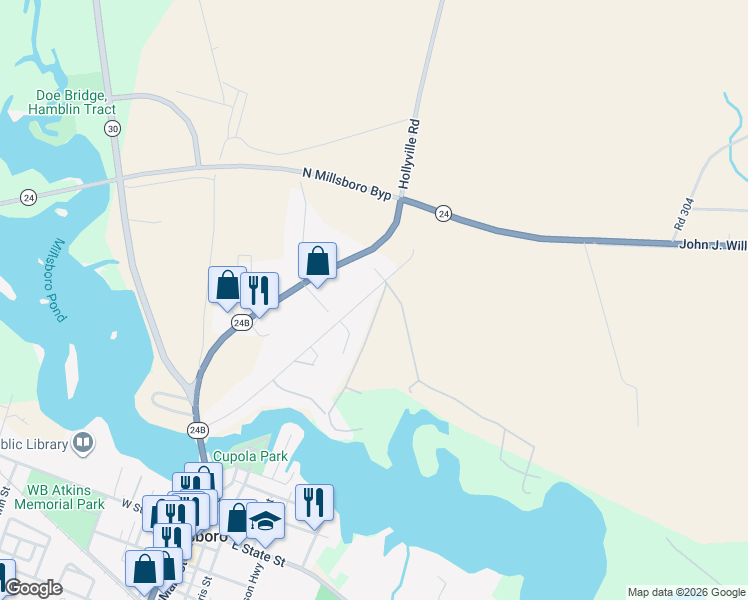 map of restaurants, bars, coffee shops, grocery stores, and more near 26674 Jersey Road in Millsboro