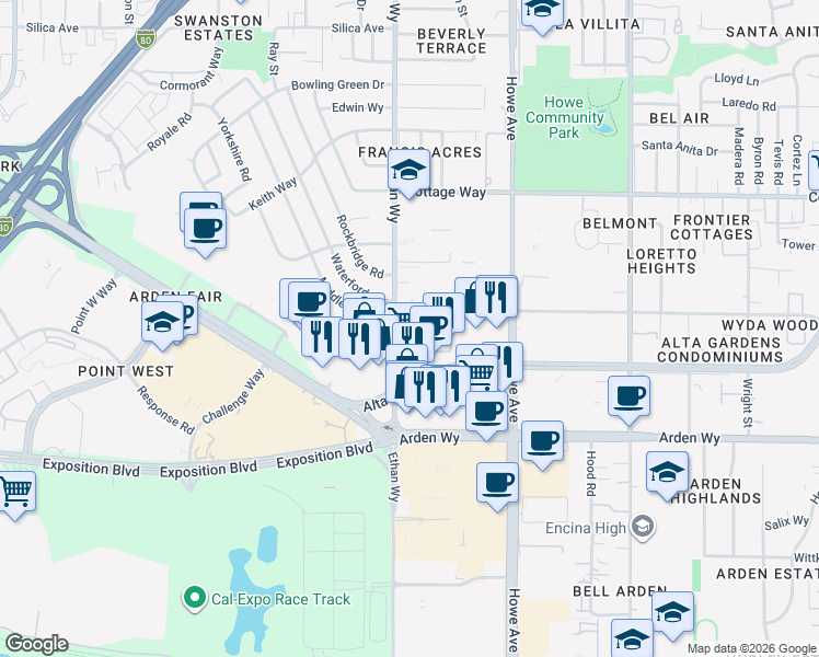 map of restaurants, bars, coffee shops, grocery stores, and more near 1860 Ethan Way in Sacramento