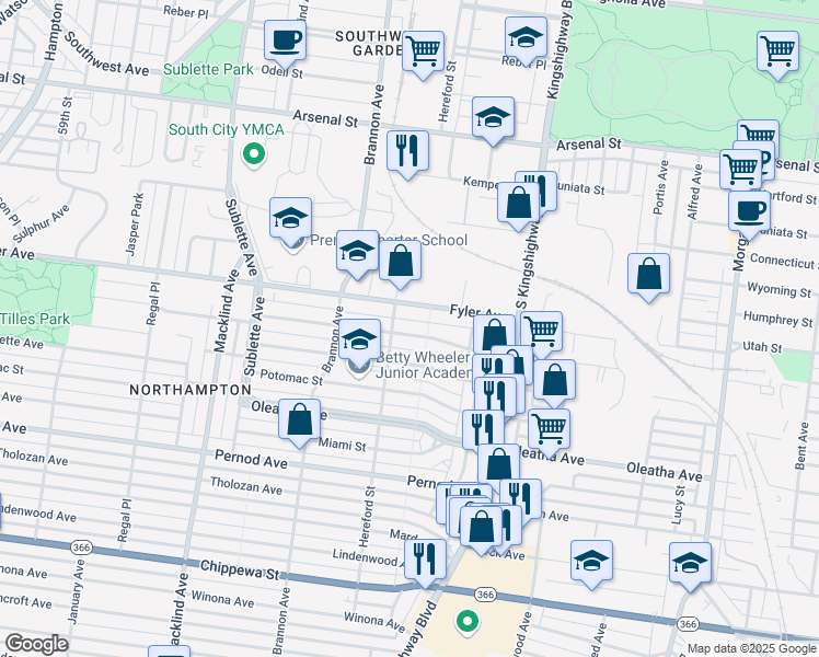 map of restaurants, bars, coffee shops, grocery stores, and more near 4987 Parker Avenue in St. Louis