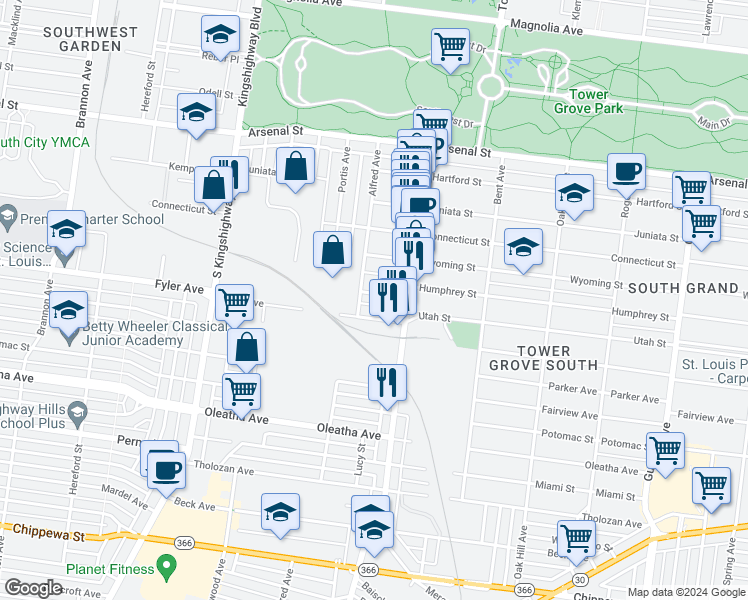 map of restaurants, bars, coffee shops, grocery stores, and more near 4352 Humphrey Street in St. Louis