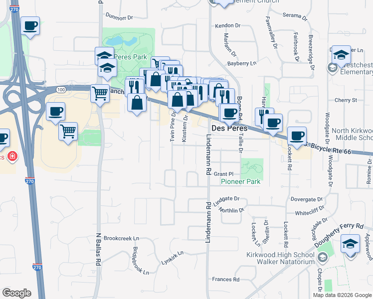 map of restaurants, bars, coffee shops, grocery stores, and more near 988 Kinstern Drive in Des Peres