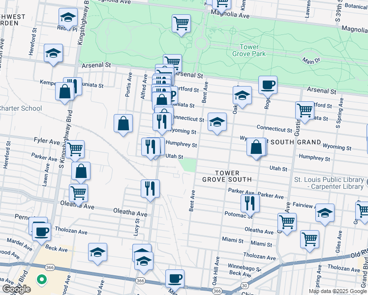 map of restaurants, bars, coffee shops, grocery stores, and more near 4218 Humphrey Street in St. Louis