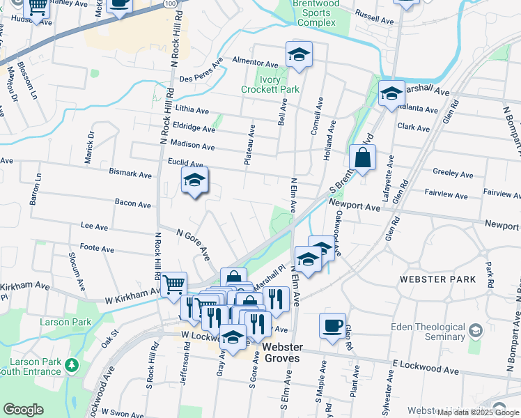 map of restaurants, bars, coffee shops, grocery stores, and more near 350 Hillside Avenue in Webster Groves