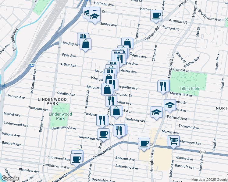 map of restaurants, bars, coffee shops, grocery stores, and more near 3464 Watson Road in St. Louis