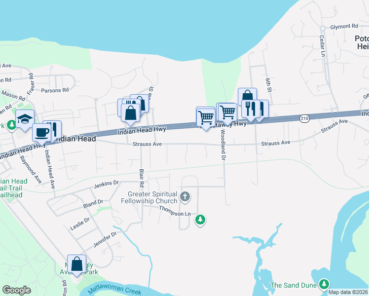 map of restaurants, bars, coffee shops, grocery stores, and more near 4465 Strauss Avenue in Indian Head