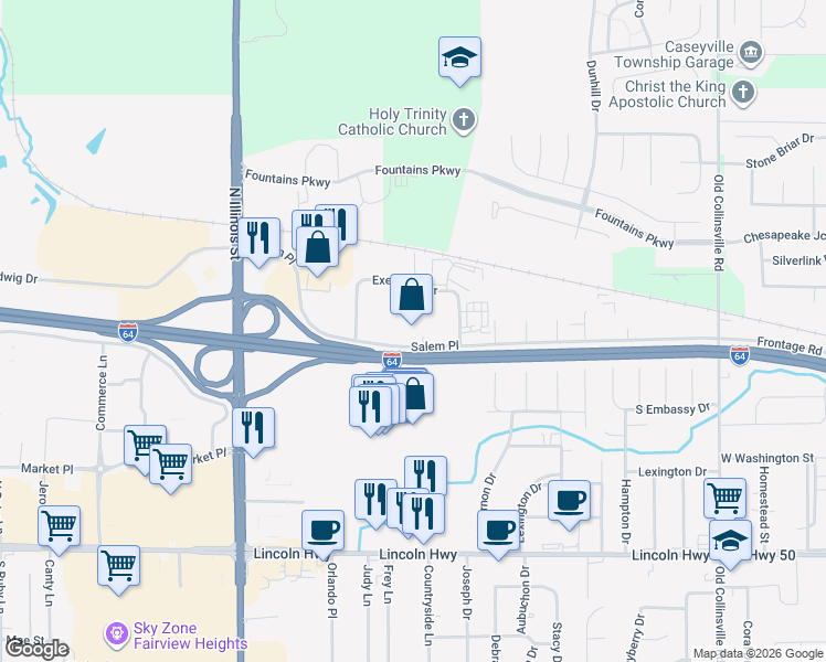 map of restaurants, bars, coffee shops, grocery stores, and more near 455 Salem Place in Fairview Heights