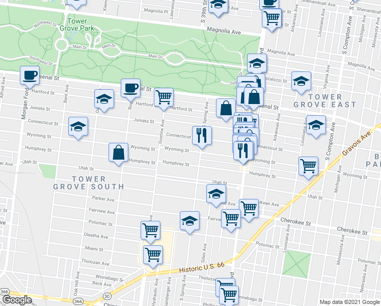 map of restaurants, bars, coffee shops, grocery stores, and more near 3820 Wyoming Street in St. Louis