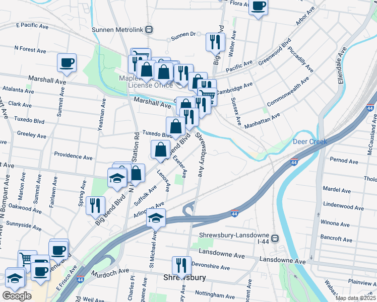 map of restaurants, bars, coffee shops, grocery stores, and more near 7513 Suffolk Avenue in St. Louis