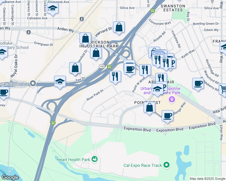 map of restaurants, bars, coffee shops, grocery stores, and more near 1540 River Park Drive in Sacramento
