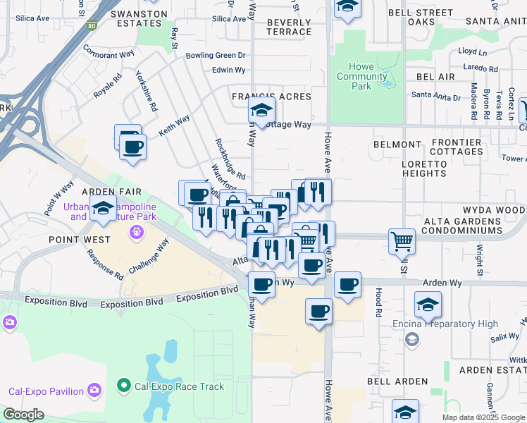 map of restaurants, bars, coffee shops, grocery stores, and more near 1860 Ethan Way in Sacramento