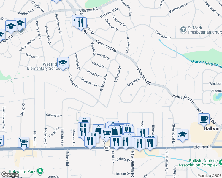 map of restaurants, bars, coffee shops, grocery stores, and more near 249 East Skyline Drive in Ballwin